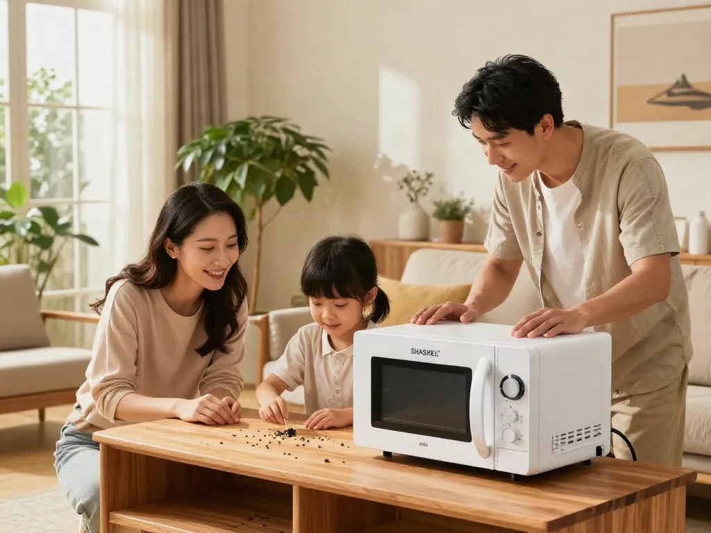 Family using SHASHEL® microwave device for effective wood pest elimination in a cozy living room.
