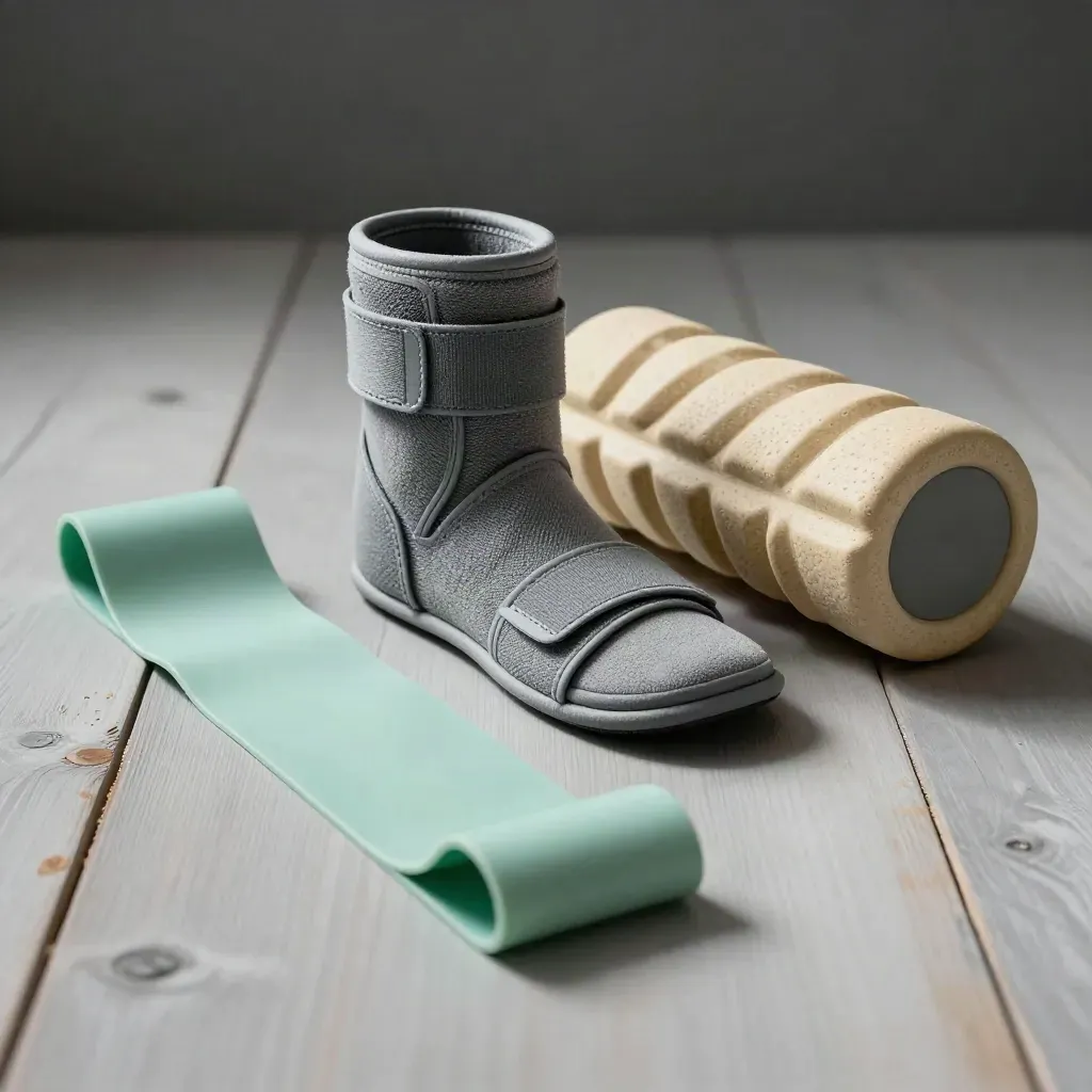 Resistance bands, ankle brace, and foam roller on pale wood in dramatic studio light