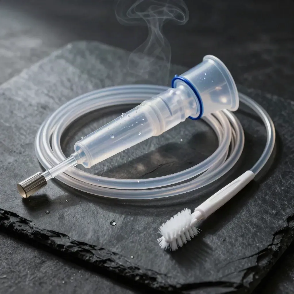 Nebulizer cup, clear tubing, and cleaning brush on dark slate with condensation
