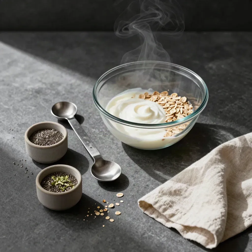 Top-down still life of meal prep tools, oats, yogurt, herbs, and linen on stone.