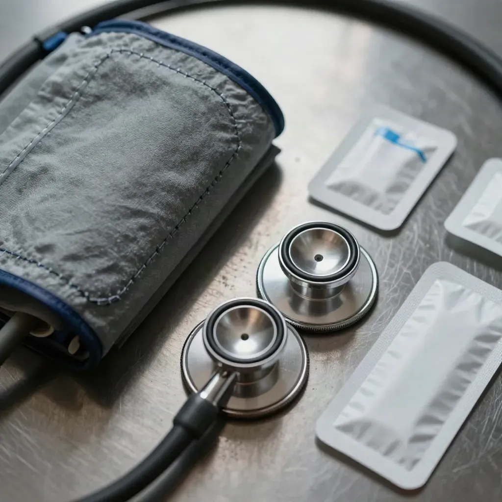 Top-down cardiology still life with cuff, stethoscope chestpiece, and swabs on brushed steel.