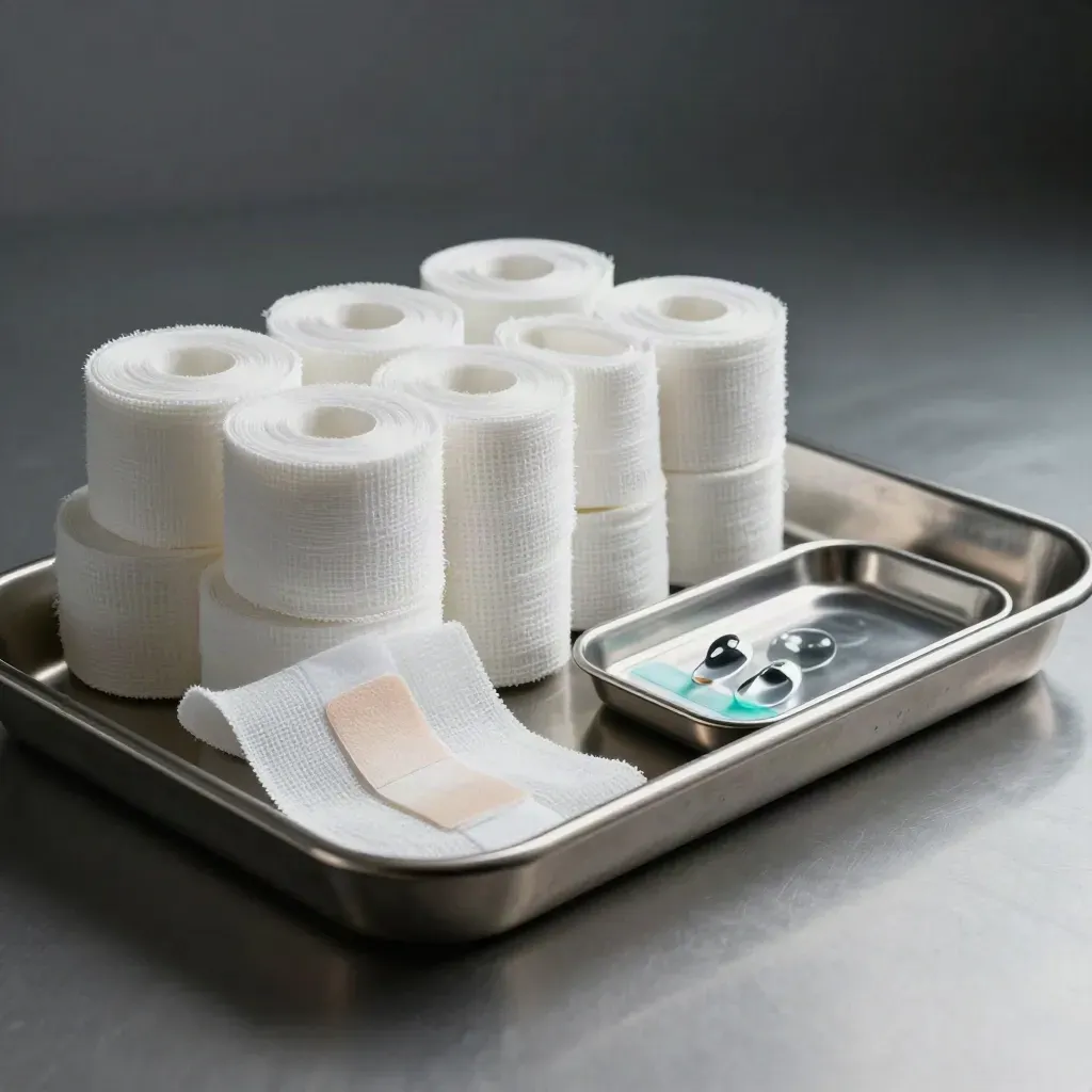 Wound-care tray with gauze rolls, saline ampules, and adhesive wrap on brushed steel.