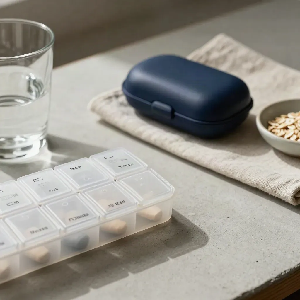 Bedside senior-care kit with pill organizer, water glass, and hearing-aid case on pale concrete.