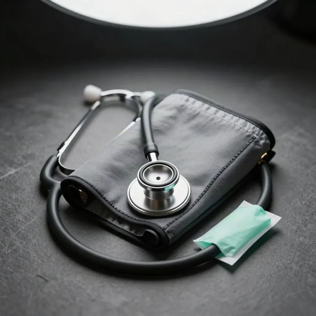 Top-down macro of a blood-pressure cuff, stethoscope chestpiece, and mint swab packet on graphite stone.
