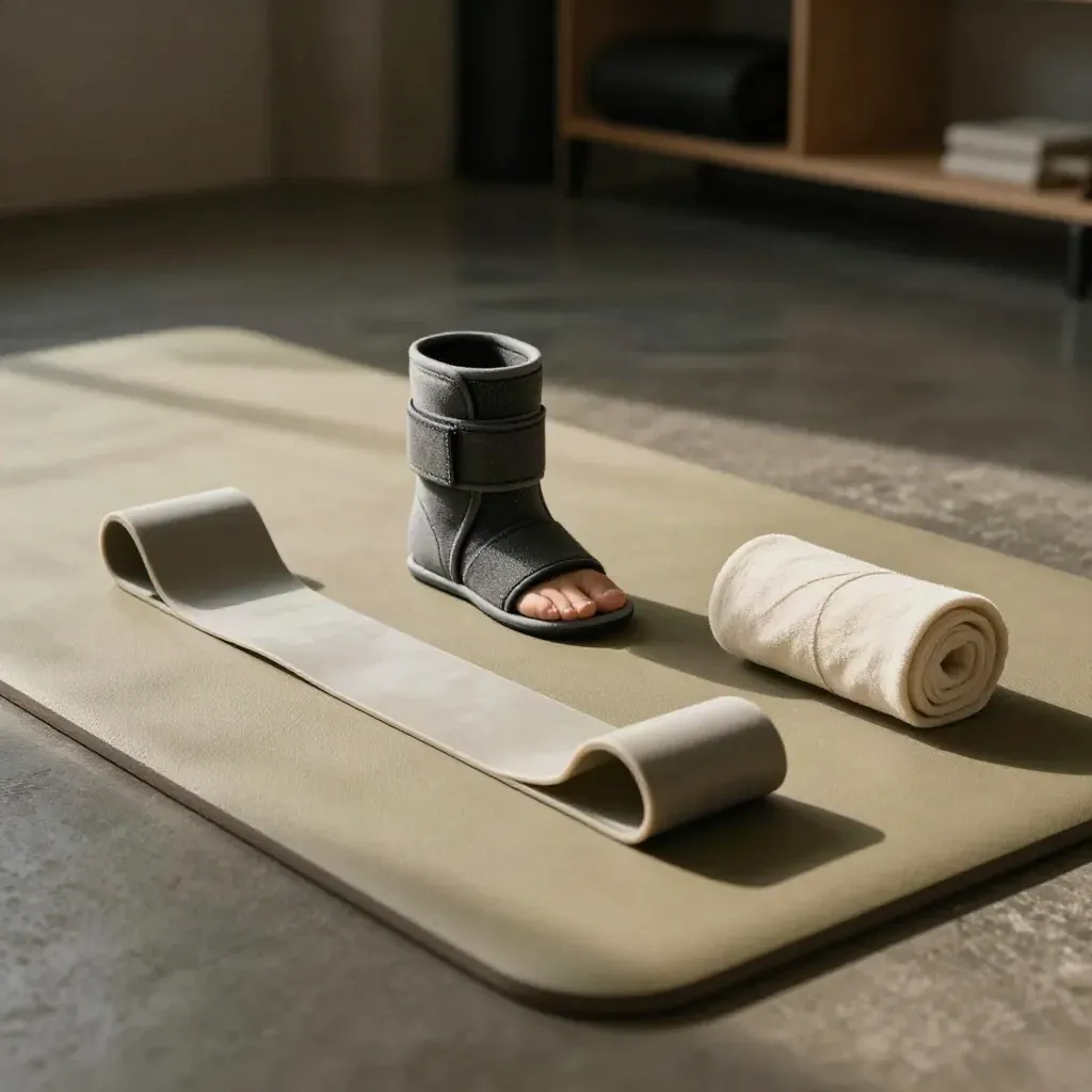 Ankle brace, resistance band and foam wedge on a rehab mat in dramatic studio light.