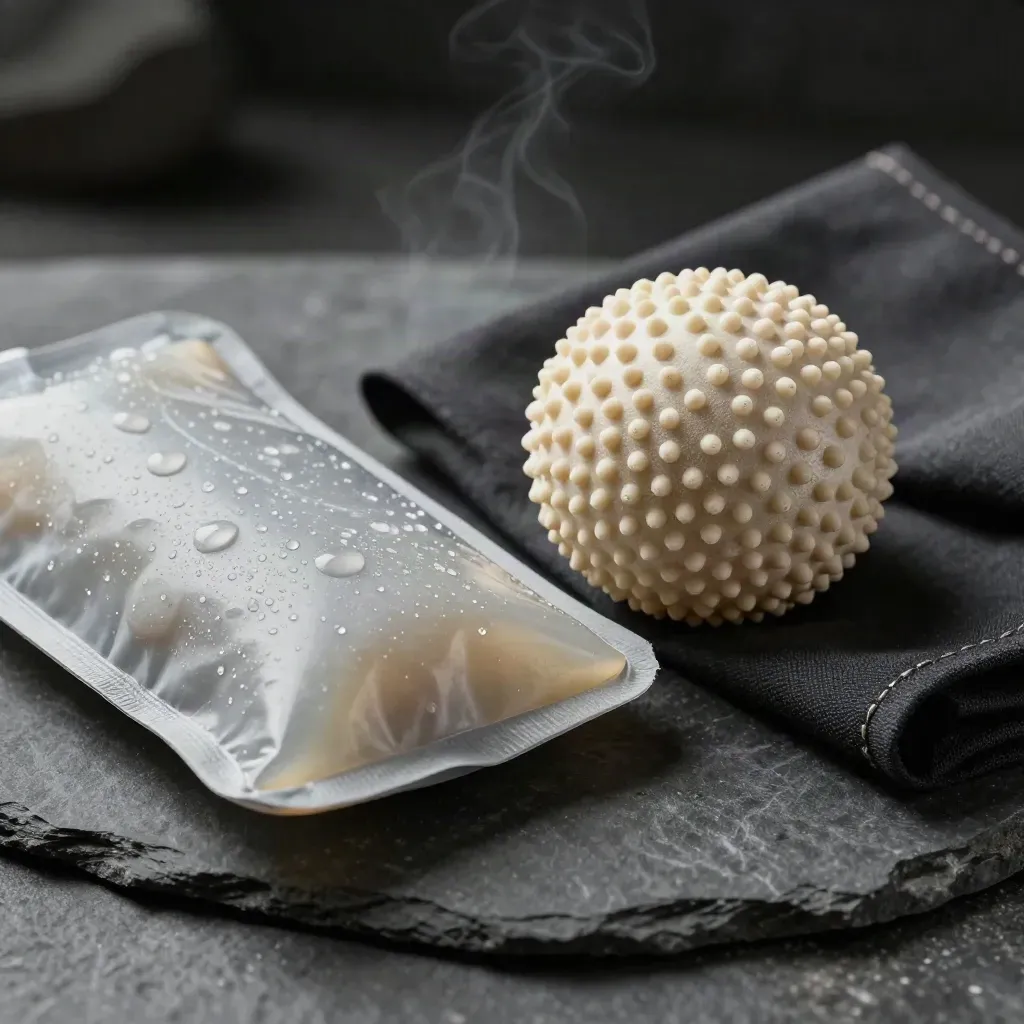 Gel cold pack, massage ball, and heat wrap on dark stone with mist