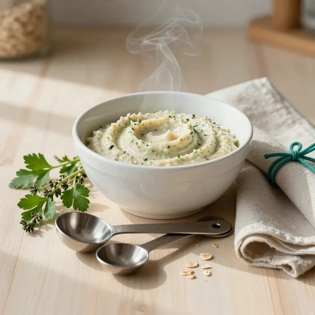 Measuring spoons and a ceramic prep bowl with herbs on pale wood, softly steaming.