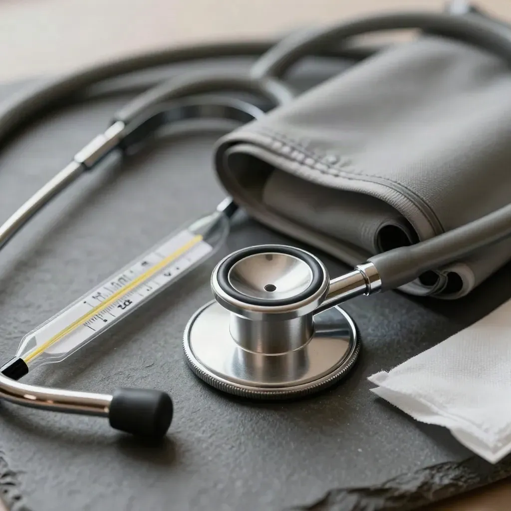 Macro still life of a stethoscope chestpiece, thermometer sheath, and cuff edge on graphite stone