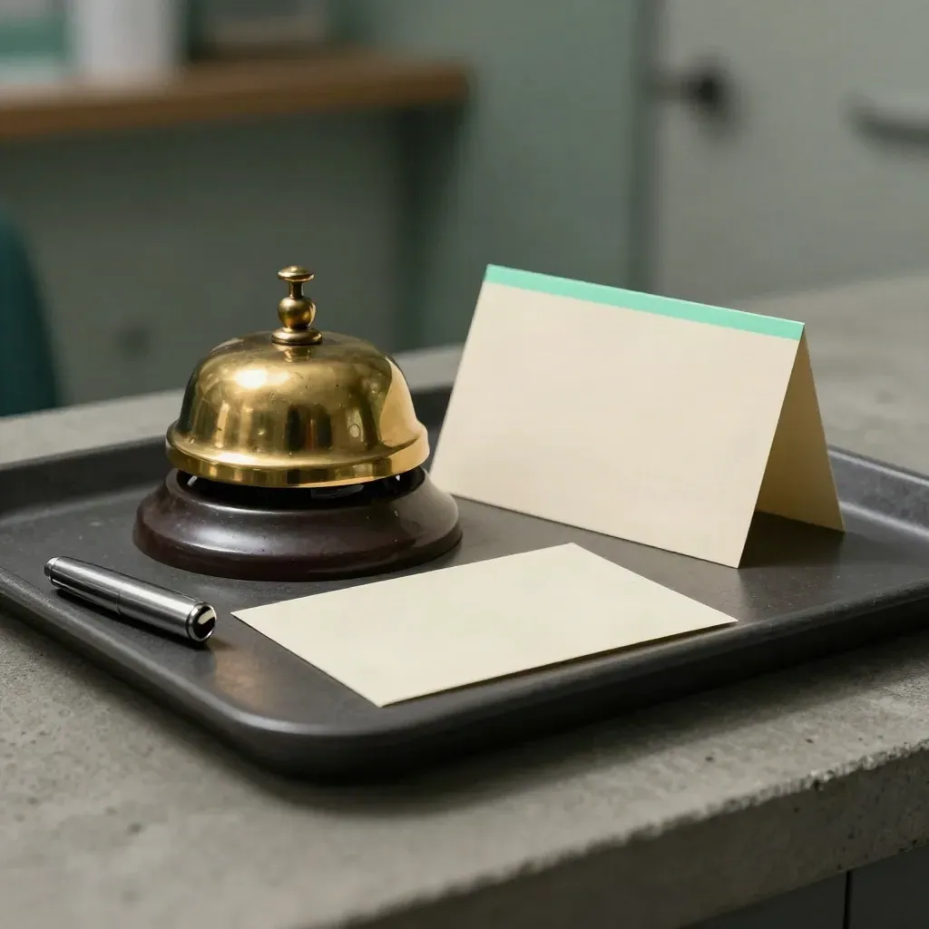 Brass desk bell with blank appointment cards and a metal pen cap on a dark tray