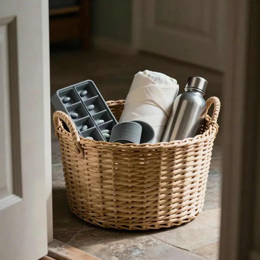 Doorway nook with a recovery basket, pill sorter, wrap, bottle, and resistance band in soft daylight.