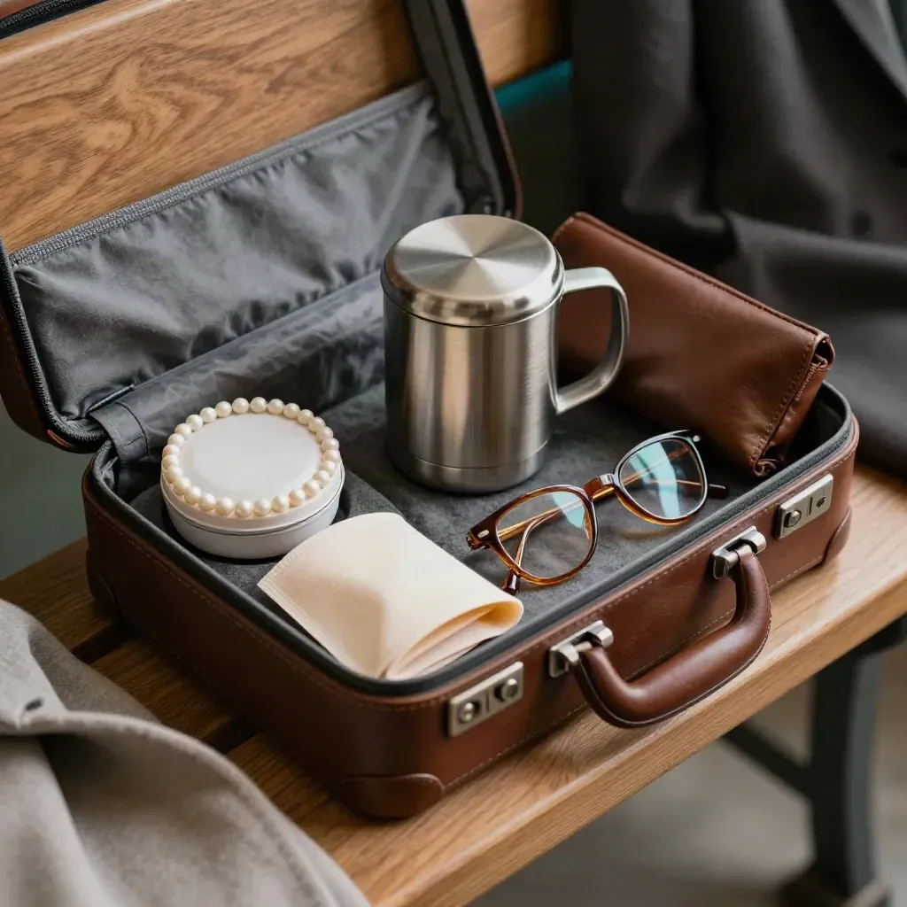 Open briefcase commute kit with pill case, steel mug, glasses case, and support sleeve