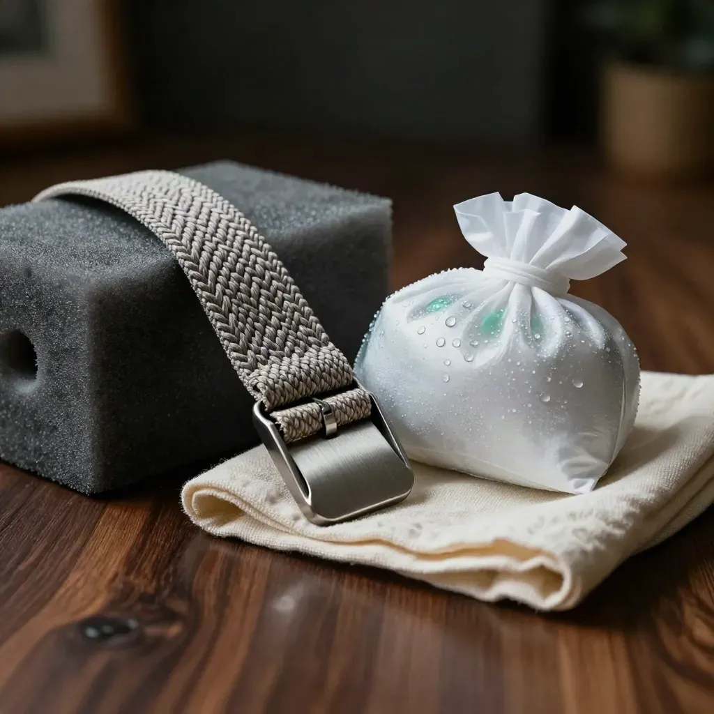 Yoga strap, foam block and ice pack on walnut, moody recovery still life