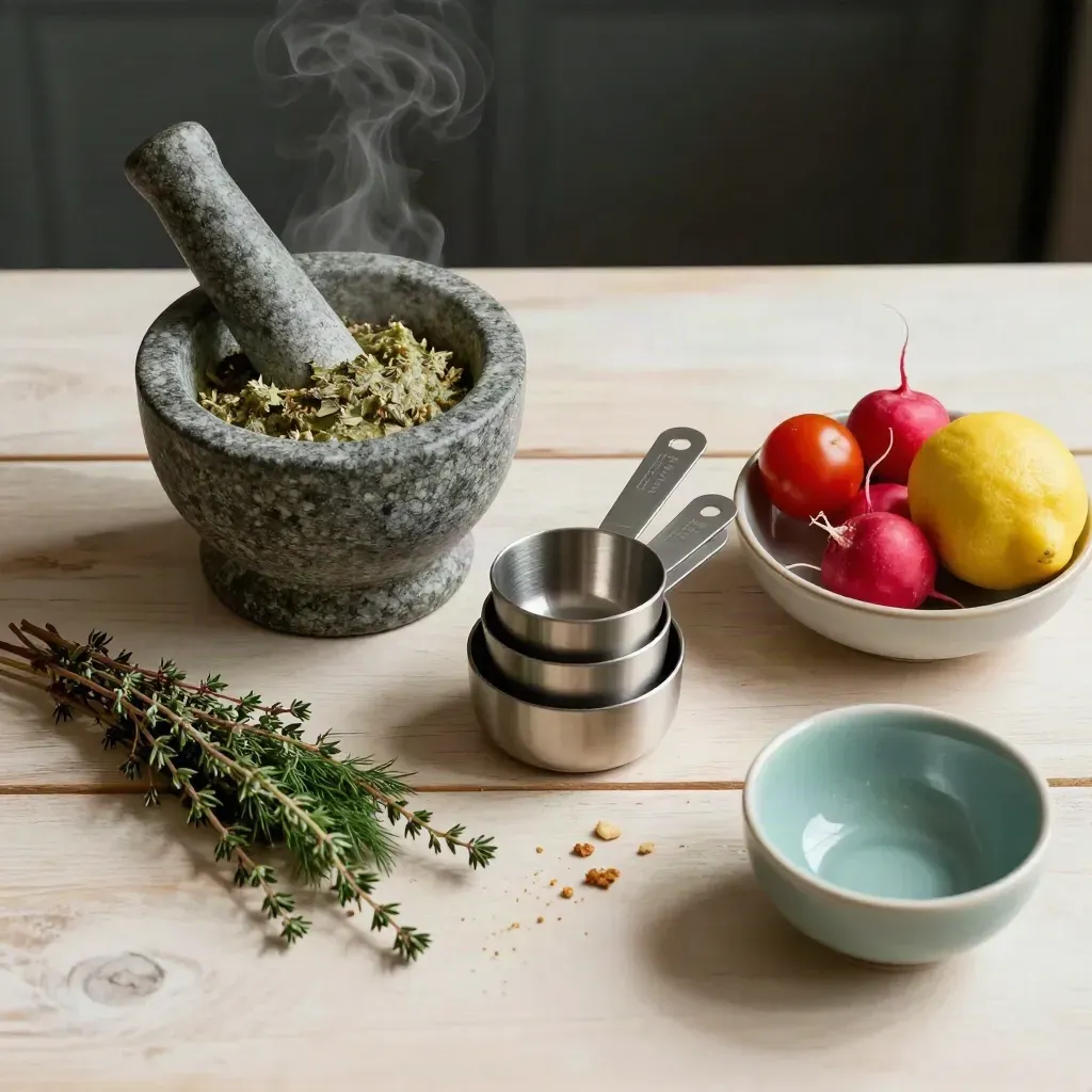 Top-down wellness still life with herbs, produce, mortar, measuring cups, and soft steam on pale wood