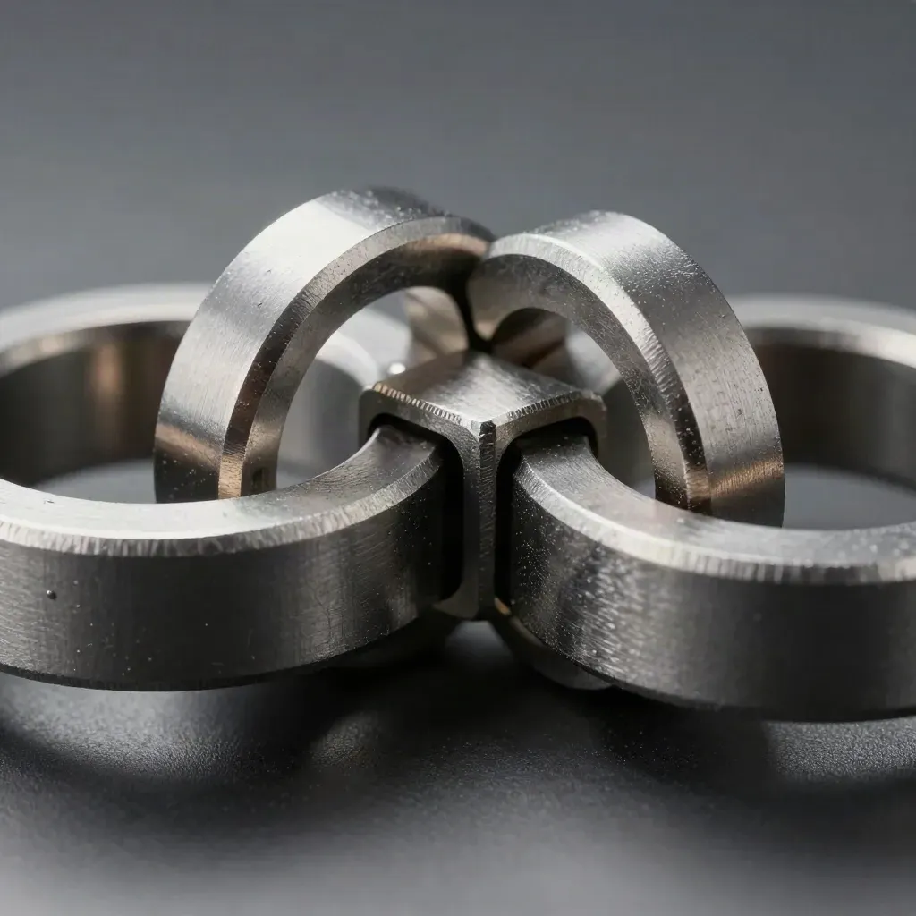 Macro of interlocking steel rings and a connector bridge on brushed graphite, precise and luminous.