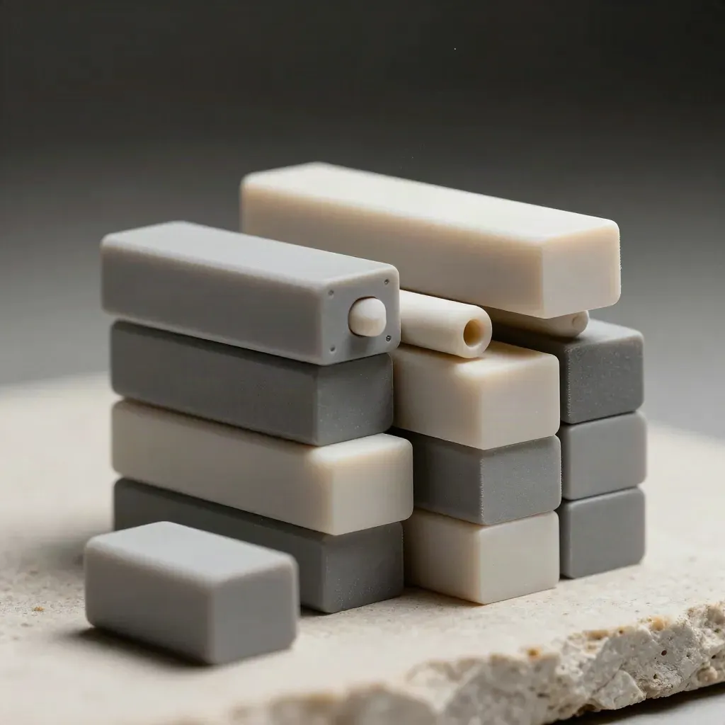 Matte modular blocks linked by a slim bar on pale stone in dramatic low light