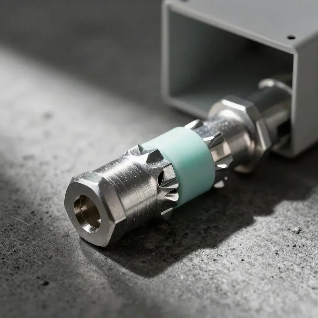 Close-up of linked metal spacer joints on dark concrete with a mint accent.