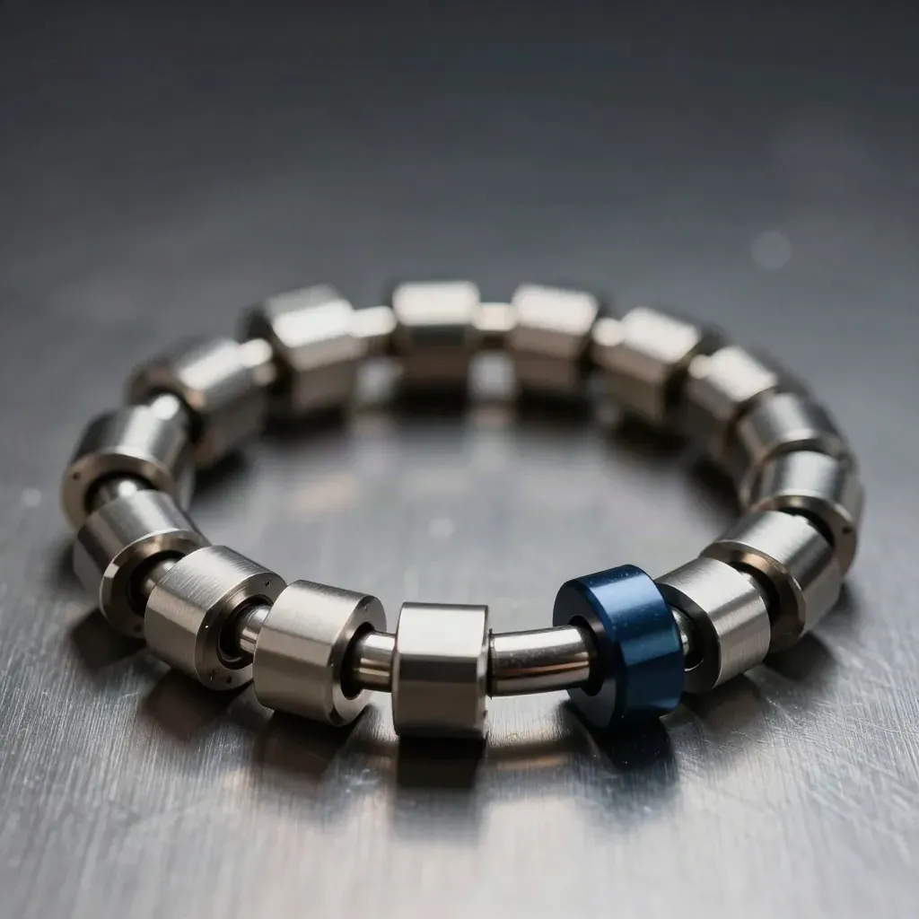 Overhead macro of linked metal rings and couplers on brushed graphite metal