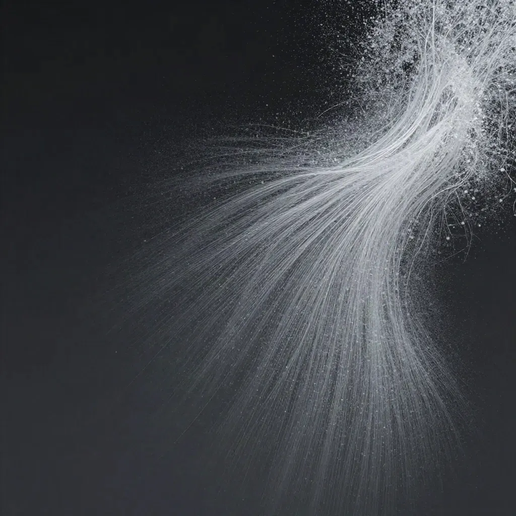 Silver-grey light filaments bloom in graphite haze with calm empty space for a stats card.